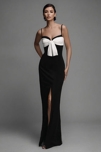 Sheath Black and White Bow Spaghetti Straps Long Formal Dress with Slit