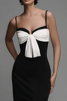 Load image into Gallery viewer, Sheath Black and White Bow Spaghetti Straps Long Formal Dress with Slit