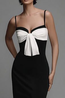 Sheath Black and White Bow Spaghetti Straps Long Formal Dress with Slit