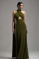 Load image into Gallery viewer, Olive Satin Halter Keyhole Long Formal Dress with Cape