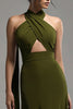 Load image into Gallery viewer, Olive Satin Halter Keyhole Long Formal Dress with Cape