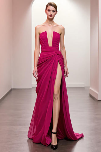 Pink Strapless Ruched Maxi Evening Dress with Slit