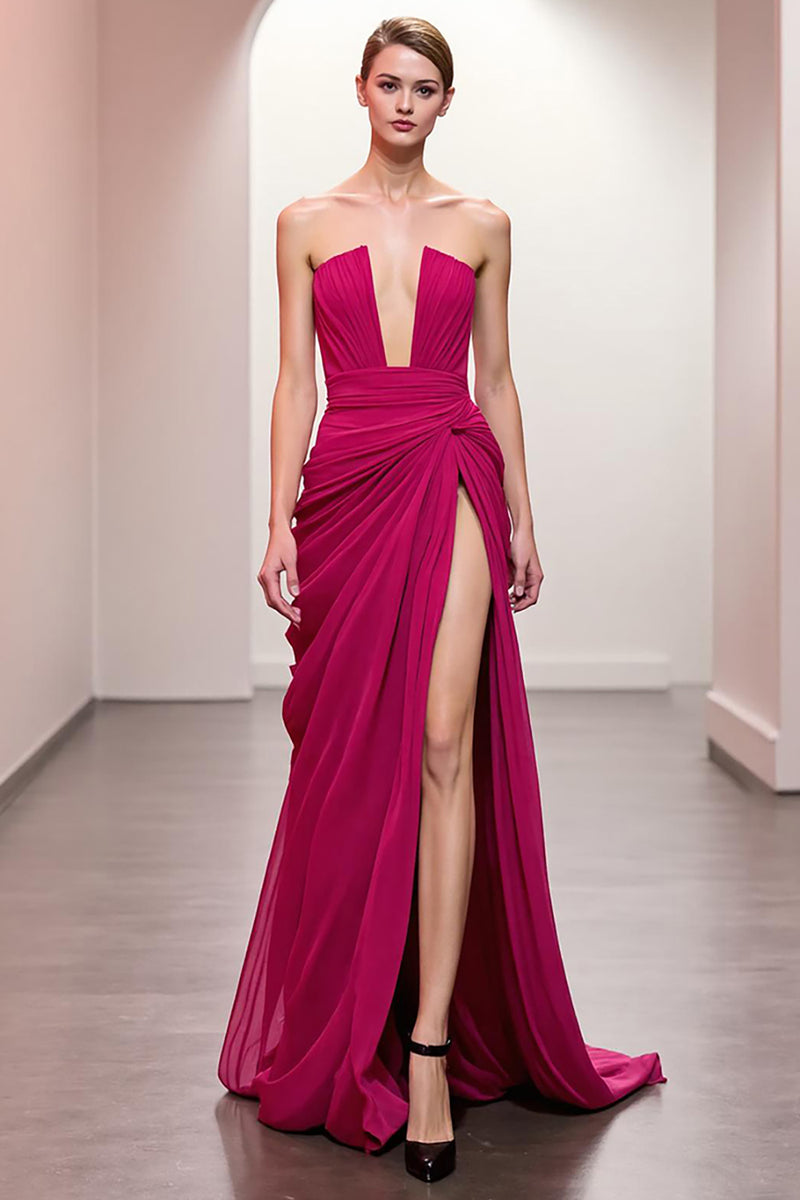 Load image into Gallery viewer, Pink Strapless Ruched Maxi Evening Dress with Slit
