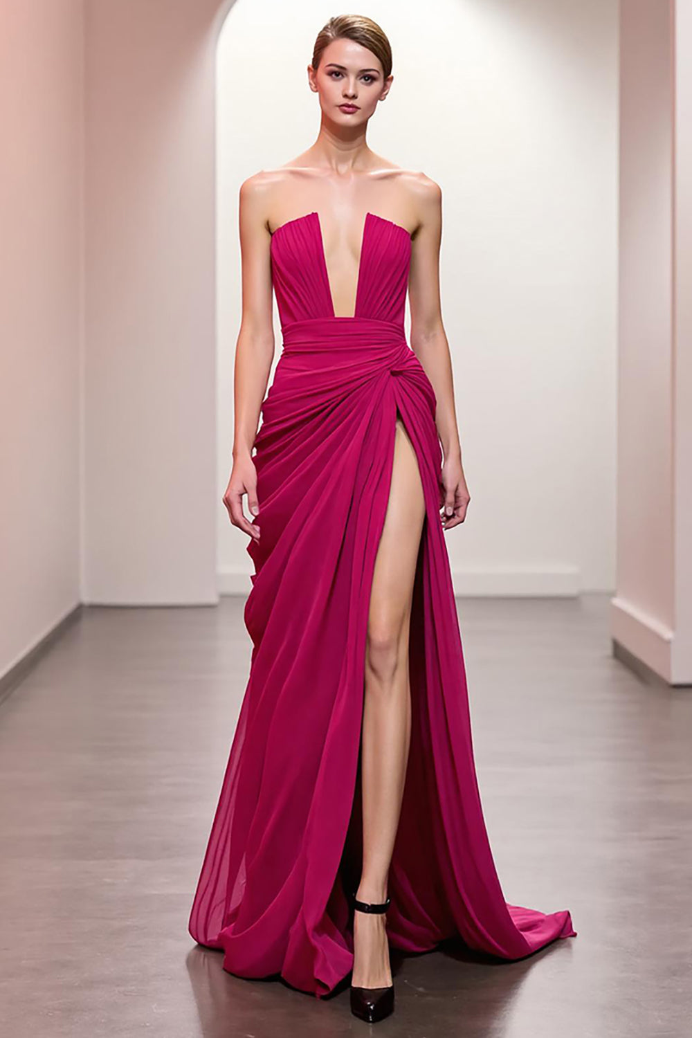 Pink Strapless Ruched Maxi Evening Dress with Slit