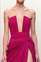 Load image into Gallery viewer, Pink Strapless Ruched Maxi Evening Dress with Slit