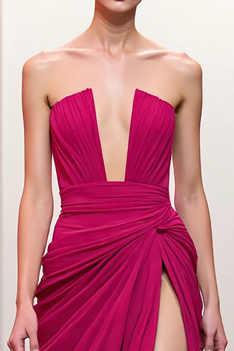 Load image into Gallery viewer, Pink Strapless Ruched Maxi Evening Dress with Slit