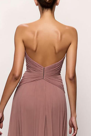 Blush Strapless Ruched Backless Long Evening Dress with Slit