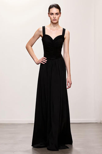 Simple Black A Line Ruched Long Evening Dress