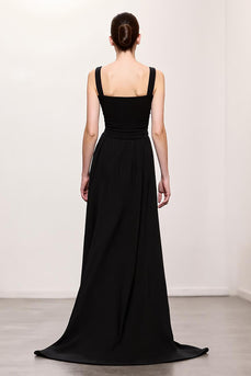 Simple Black A Line Ruched Long Evening Dress