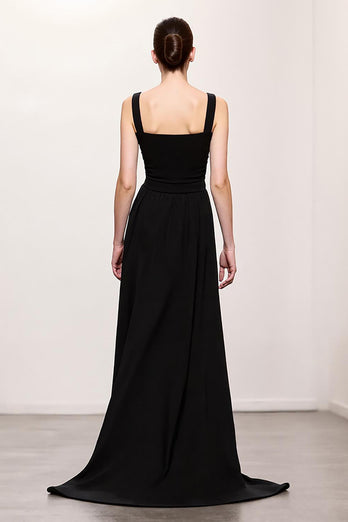 Simple Black A Line Ruched Long Evening Dress