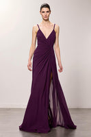 Load image into Gallery viewer, Purple Chiffon Spaghetti Straps A Line Ruched Long Evening Dress with Slit