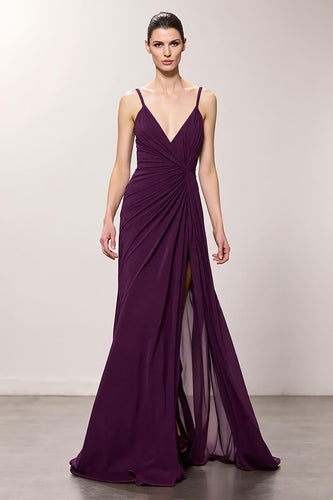 Purple Chiffon Spaghetti Straps A Line Ruched Long Evening Dress with Slit