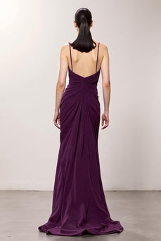 Purple Chiffon Spaghetti Straps A Line Ruched Long Evening Dress with Slit