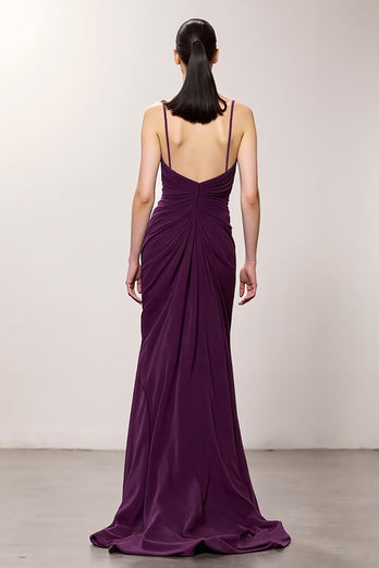 Purple Chiffon Spaghetti Straps A Line Ruched Long Evening Dress with Slit
