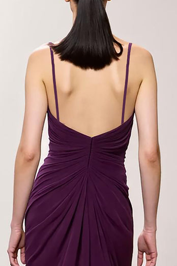 Purple Chiffon Spaghetti Straps A Line Ruched Long Evening Dress with Slit