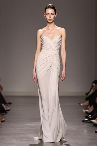 Elegant Ivory Sheath Strapless Ruched Long Evening Dress