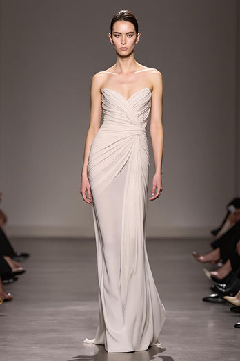 Elegant Ivory Sheath Strapless Ruched Long Evening Dress