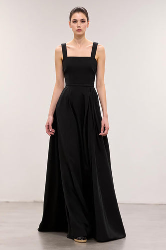 Simple Black A Line Square Neck Long Evening Dress