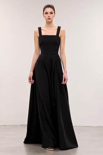 Simple Black A Line Square Neck Long Evening Dress
