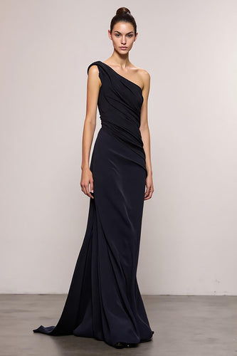 Black Sheath One Shoulder Backless Long Evening Dress