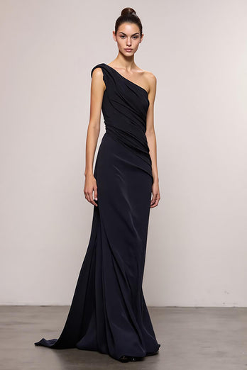 Black Sheath One Shoulder Backless Long Evening Dress