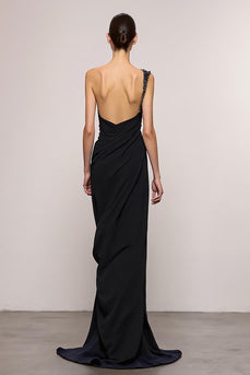 Black Sheath One Shoulder Backless Long Evening Dress