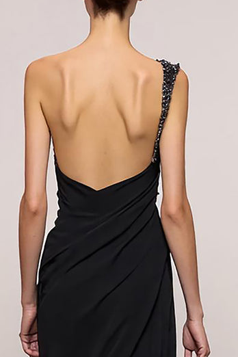 Black Sheath One Shoulder Backless Long Evening Dress
