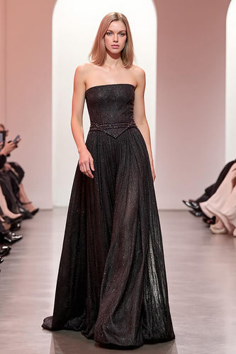 Sparkly Black A Line Strapless Long Evening Dress