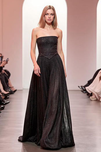 Sparkly Black A Line Strapless Long Evening Dress