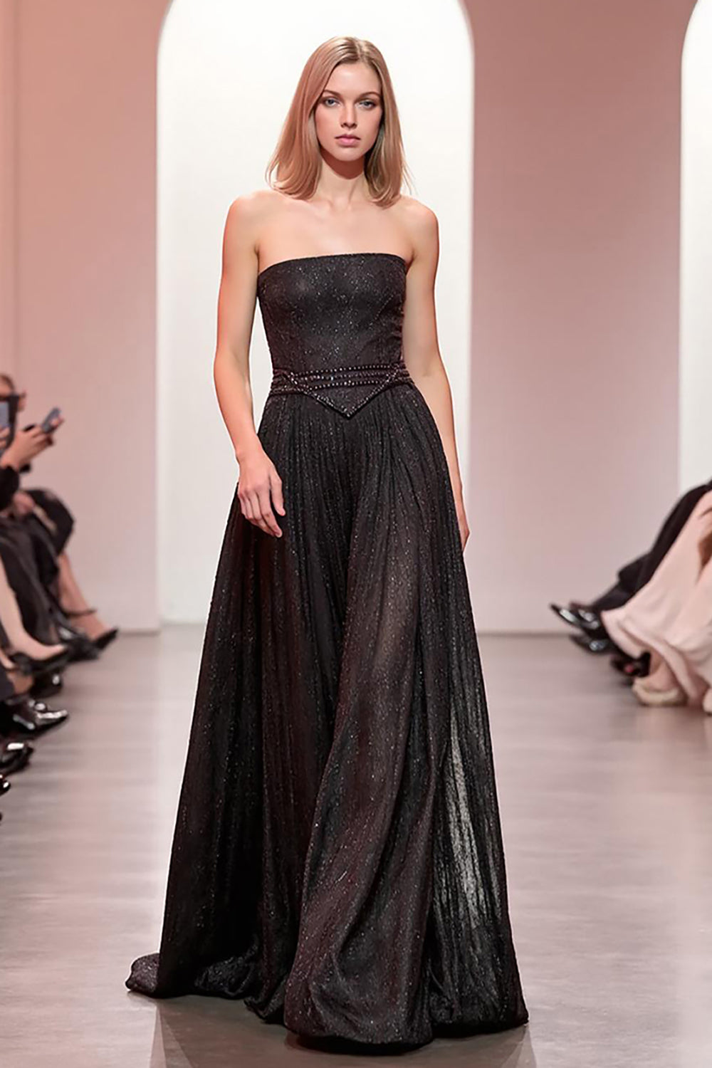 Sparkly Black A Line Strapless Long Evening Dress