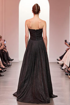 Sparkly Black A Line Strapless Long Evening Dress