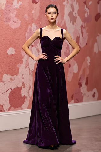 Simple Dark Purple A Line Velvet Long Evening Dress