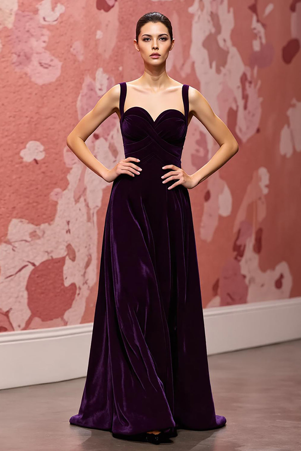 Simple Dark Purple A Line Velvet Long Evening Dress