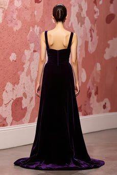 Simple Dark Purple A Line Velvet Long Evening Dress
