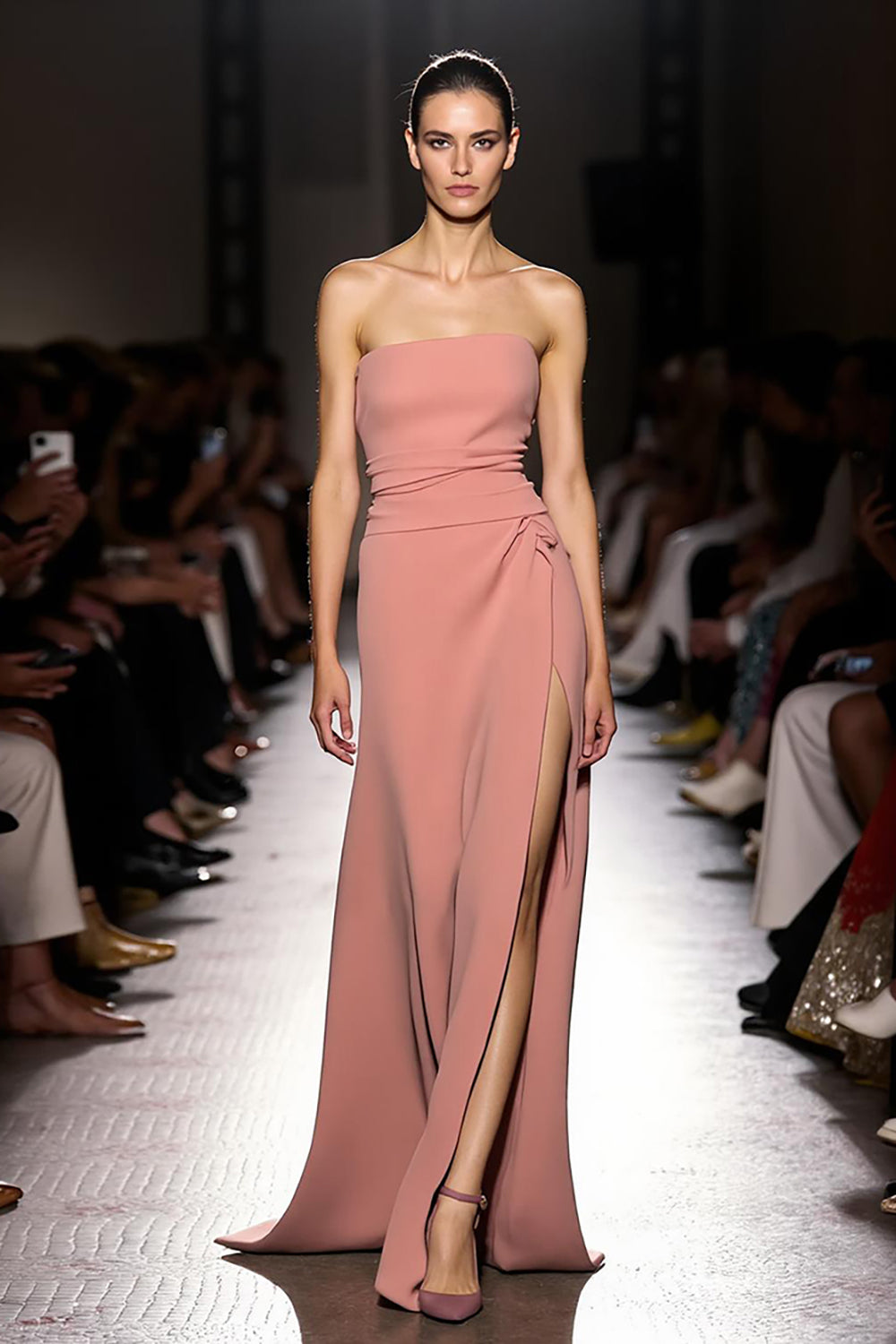 Pink Strapless Ruched Long Evening Dress with Slit