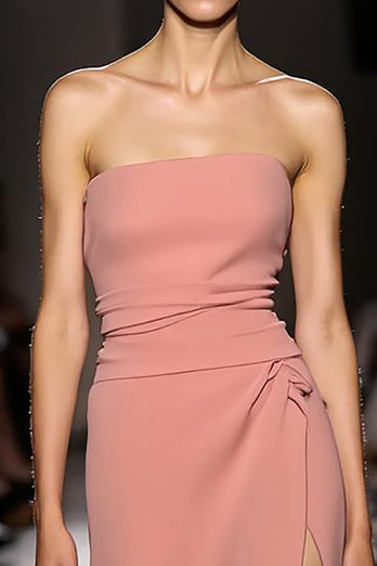 Pink Strapless Ruched Long Evening Dress with Slit