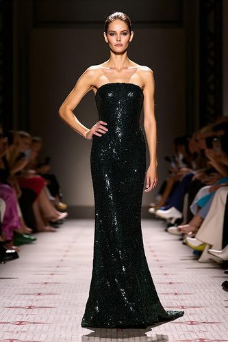 Sparkly Black Sequins Sheath Strapless Maxi Evening Dress