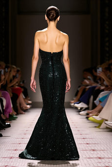Sparkly Black Sequins Sheath Strapless Maxi Evening Dress