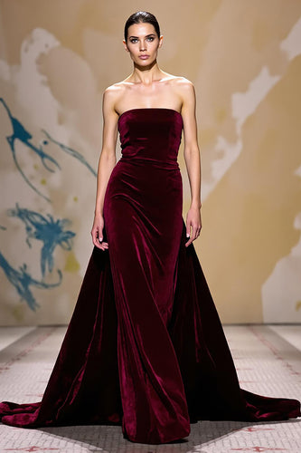 Dark Red Velvet Strapless Long Evening Dress