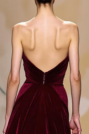 Dark Red Velvet Strapless Long Evening Dress