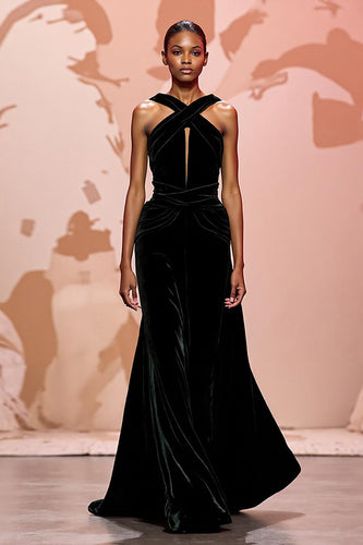 Simple Black Keyhole Velvet Maxi Evening Dress