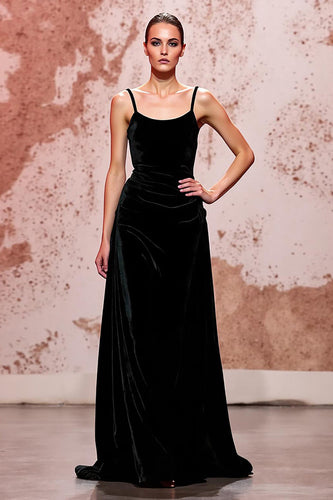 Simple Black Spaghetti Straps Velvet Long Evening Dress