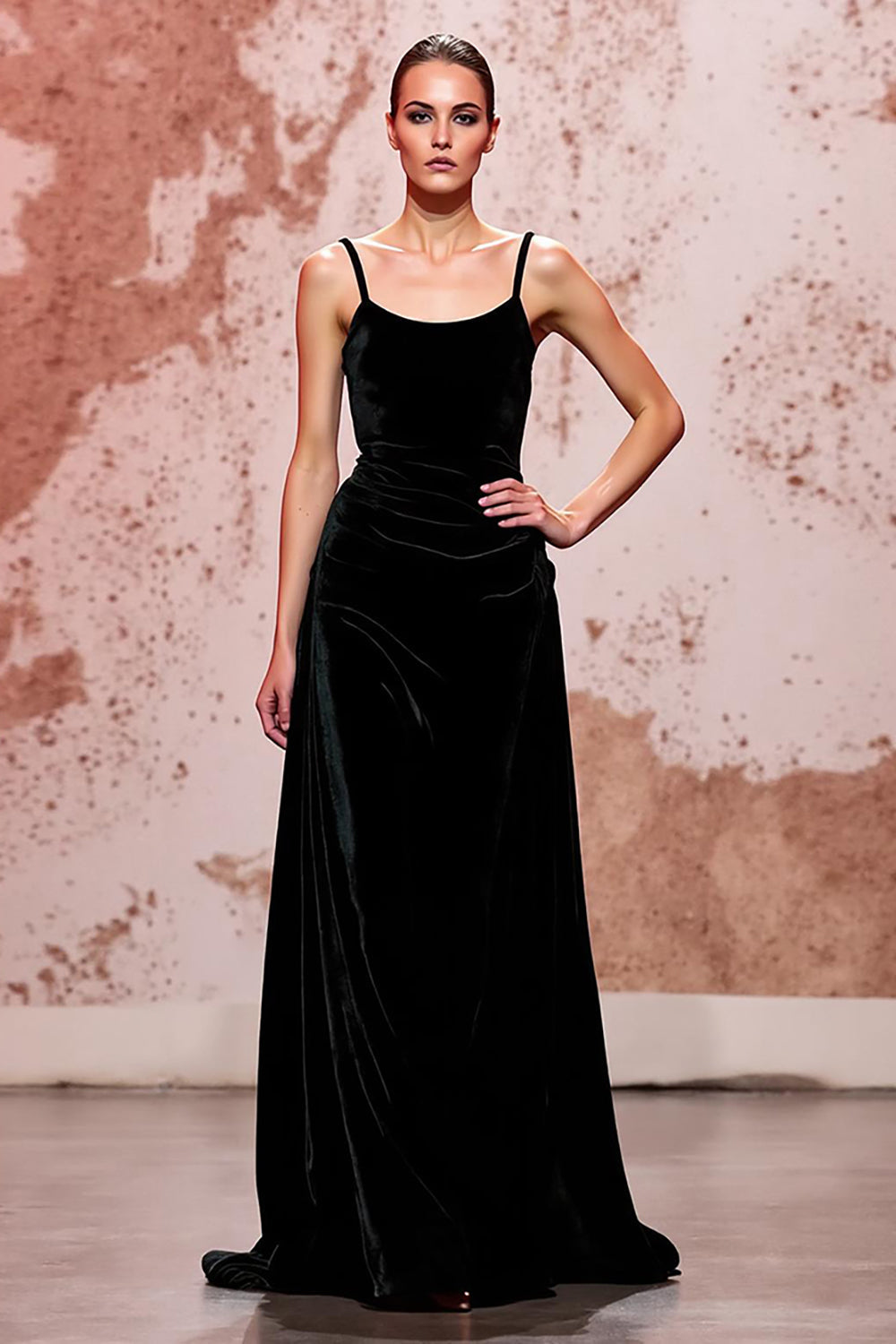Simple Black Spaghetti Straps Velvet Long Evening Dress
