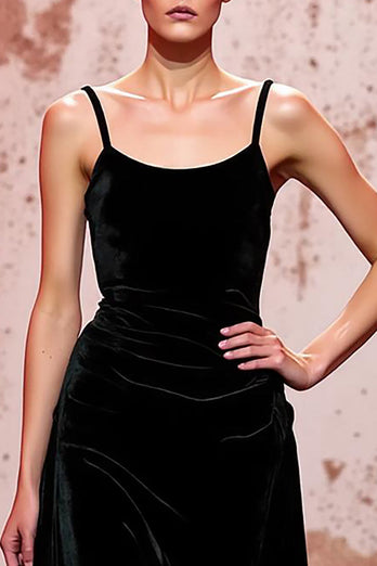 Simple Black Spaghetti Straps Velvet Long Evening Dress