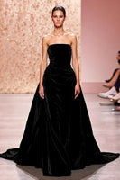 Load image into Gallery viewer, Simple Black Velvet Strapless A Line Long Evening Dress