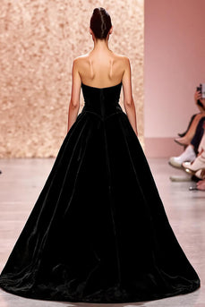 Simple Black Velvet Strapless A Line Long Evening Dress