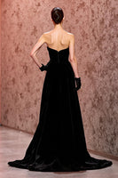 Load image into Gallery viewer, Simple Black Strapless Velvet Long Evening Dress with Slit