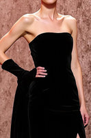 Load image into Gallery viewer, Simple Black Strapless Velvet Long Evening Dress with Slit