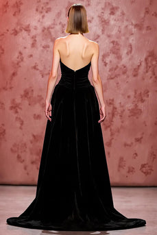 Simple Black Velvet Strapless Long Evening Dress with Slit