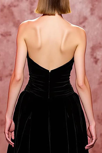 Simple Black Velvet Strapless Long Evening Dress with Slit